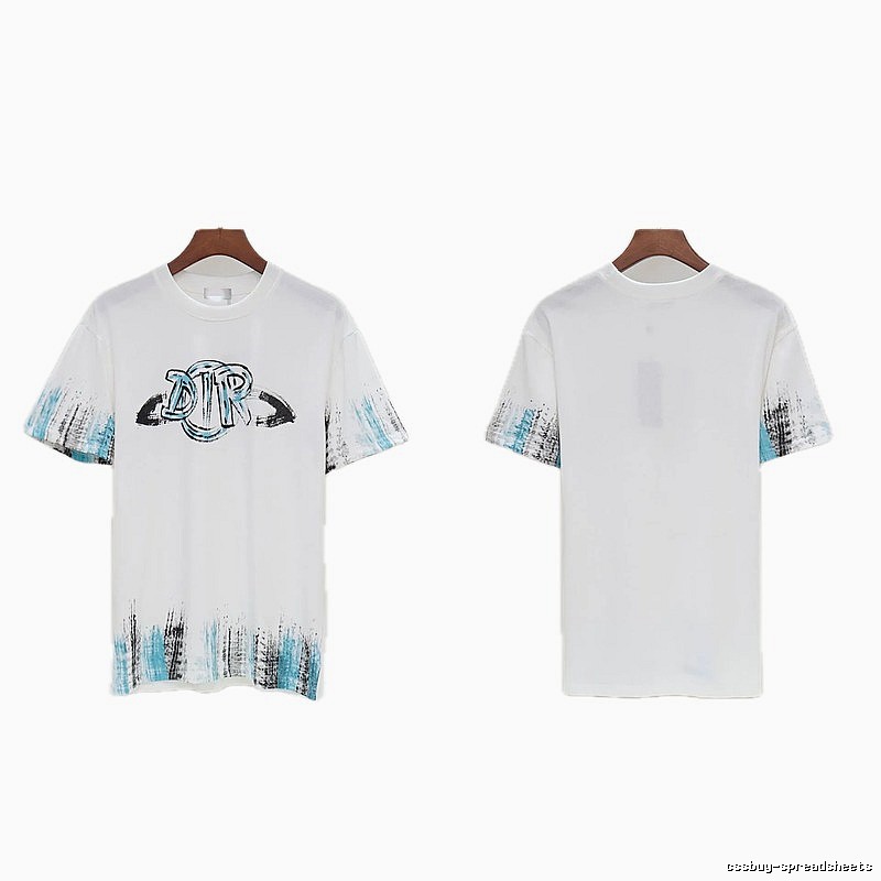 Dior Graffiti Collection Street Style White and Blue Short-sleeve T-shirt